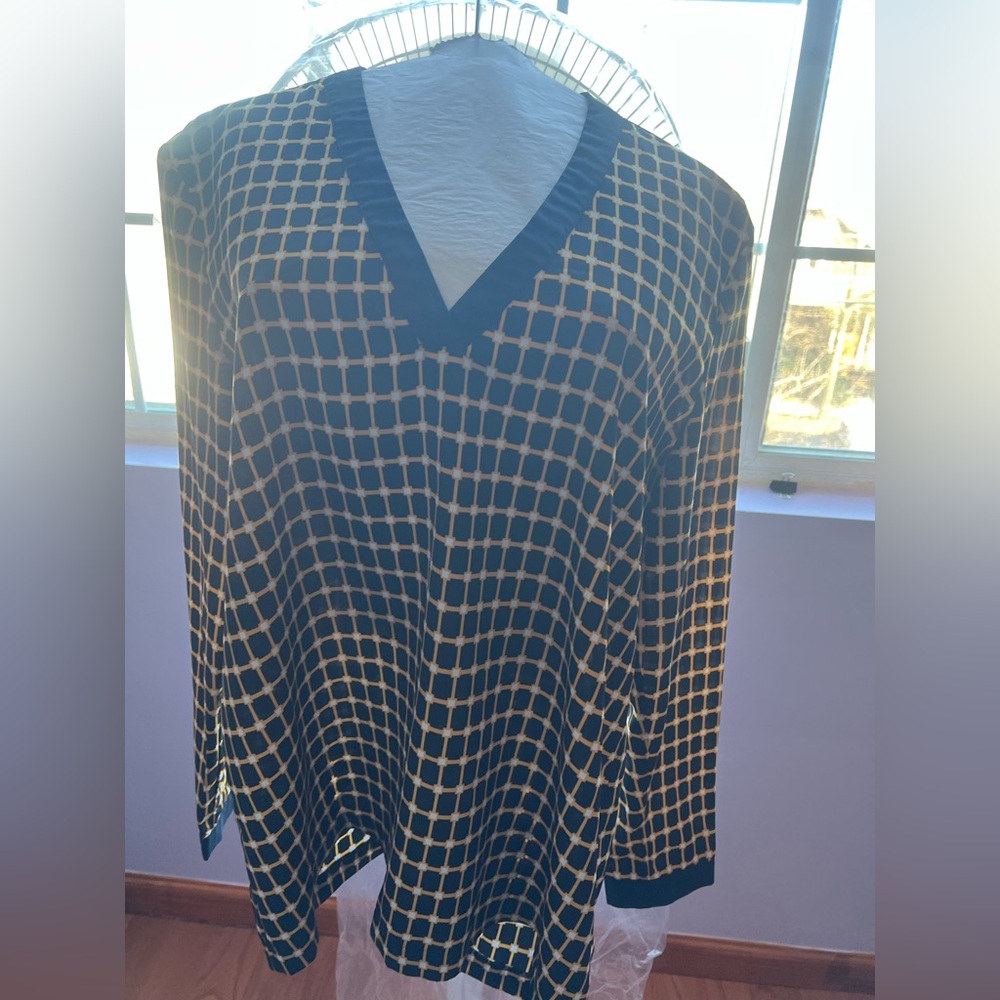 Michael Kors Yellow Navy Blue Grid Print V-Neck Blouse